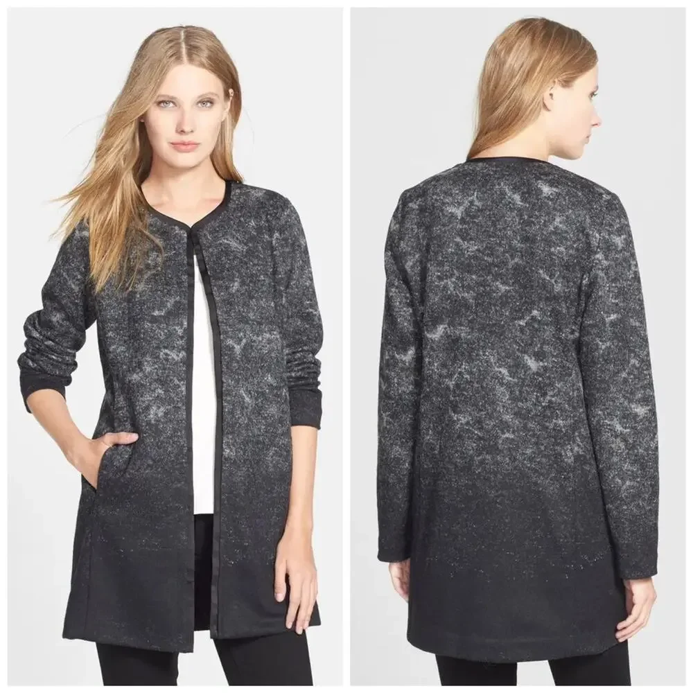 Eileen Fisher Black Sprinkle Felted Wool Silk Open Front Jacket